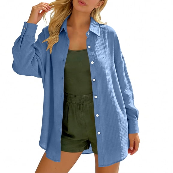 Roncen Womens Button Down Shirts Casual Loose Long Sleeve Solid Lapel Long Blouses Tops