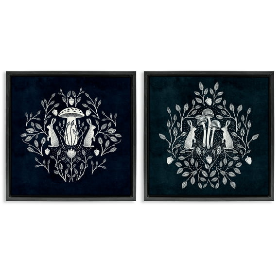 Stupell Industries Boho Mirrored Floral Bunnies Animals Painting Black Floater Framed Canvas Art Print Wall Art, 18 x 18, Set of 2