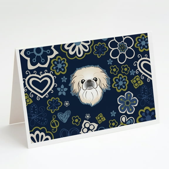 Blue Flowers Pekingese Greeting Cards and Envelopes Pack of 8