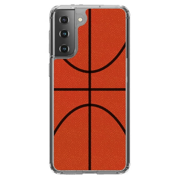 DistinctInk Clear Shockproof Hybrid Case for Galaxy S21 5G (6.2" Screen) - TPU Bumper, Acrylic Back, Tempered Glass Screen Protector - Basketball Drawing - Show Your Love of Basketball