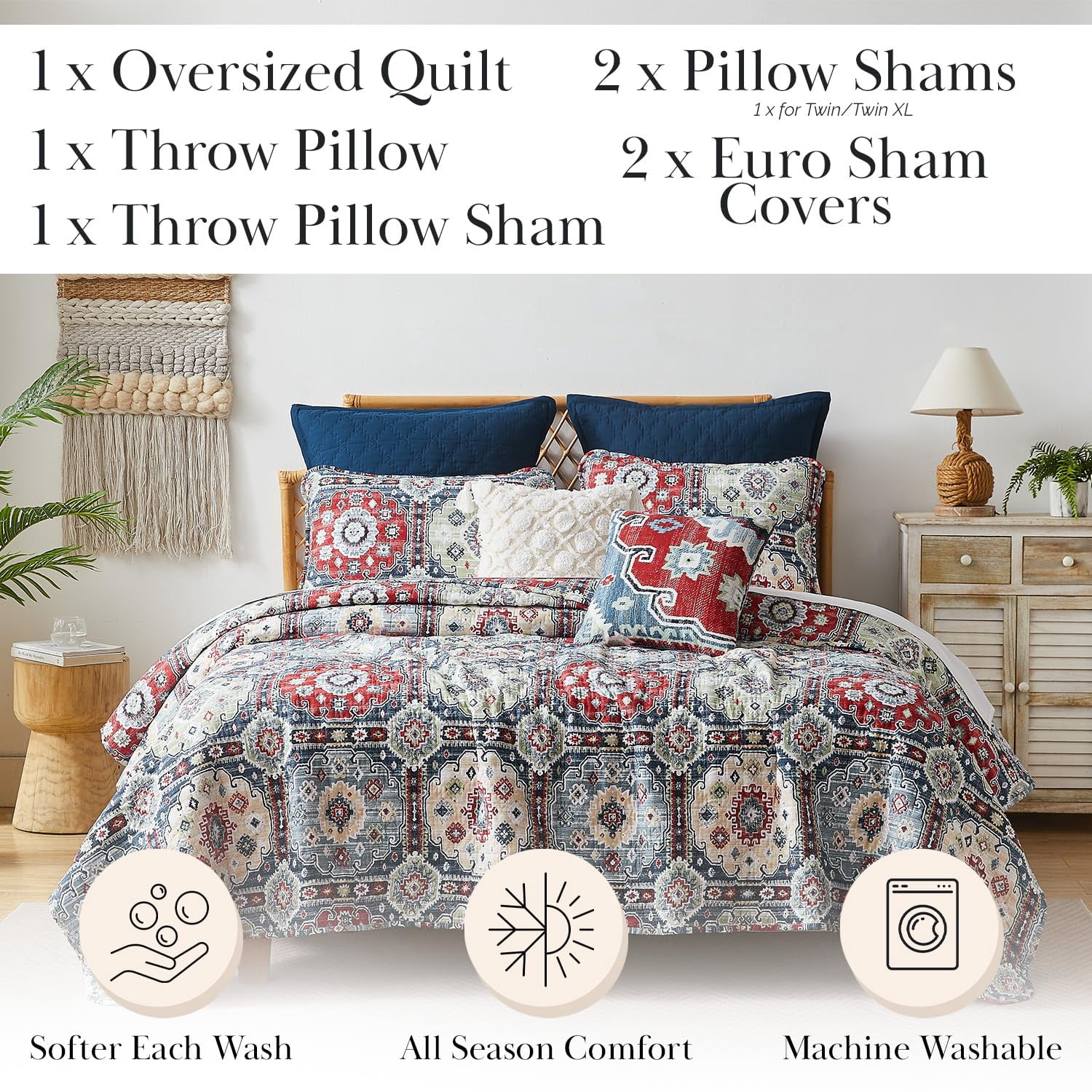 Southshore Fine Living, Inc. Oversized King Quilt Bedding Set 7-Pieces with 2 Pillow Shams, 2 Euro Shams, 2 Throw Pillows, Boho Bedding Set for King and California King Beds, Kilim Blue & Red