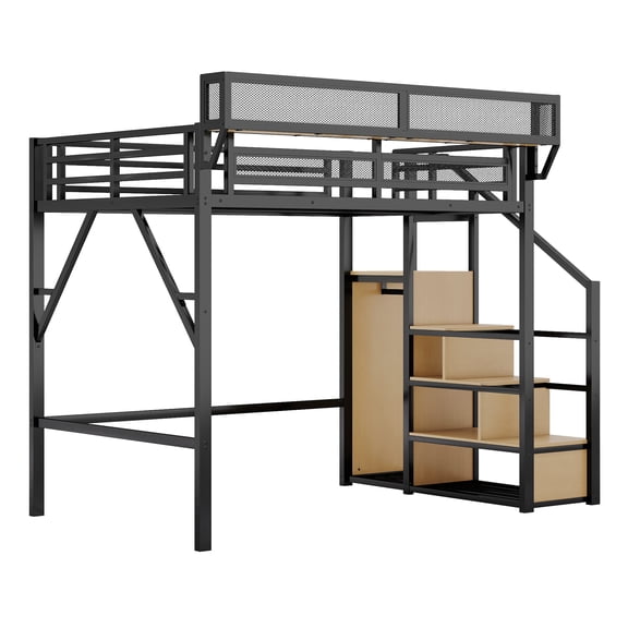Metal Full Size Loft Bed with Stairs, Storage Shelves & Wardrobe, Black