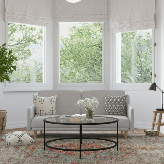 BizChair Premium Convertible Split Back Sofa Futon with Curved Armrests and Solid Wood Legs - Gray Faux Linen Upholstery