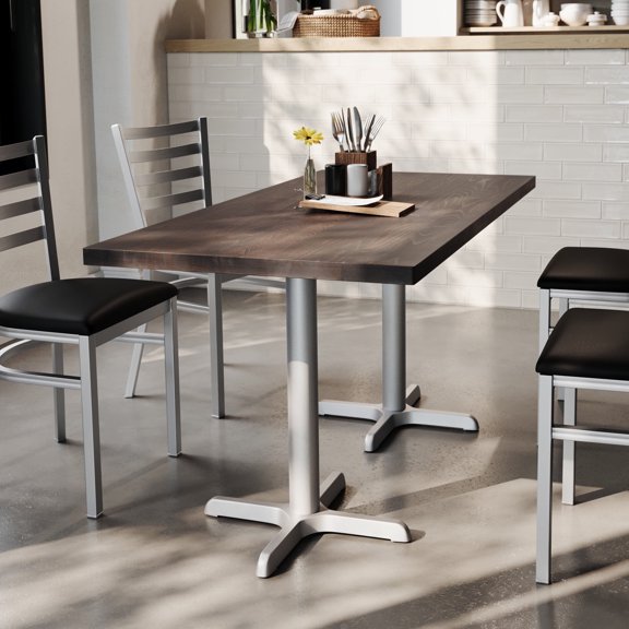 Flash Furniture 30" x 60" Solid Wood Commercial Indoor Tabletop in Dark Brown with 22" x 22" Dining Height Rust-Resistant Silver Cast Iron X-Base