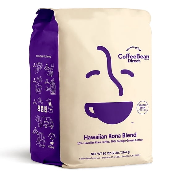 Coffee Bean Direct Hawaiian Kona Blend, Whole Bean Coffee, Contains 10% Hawaiian Kona Coffee, Arabica, Light Roast, 5 lb Bag