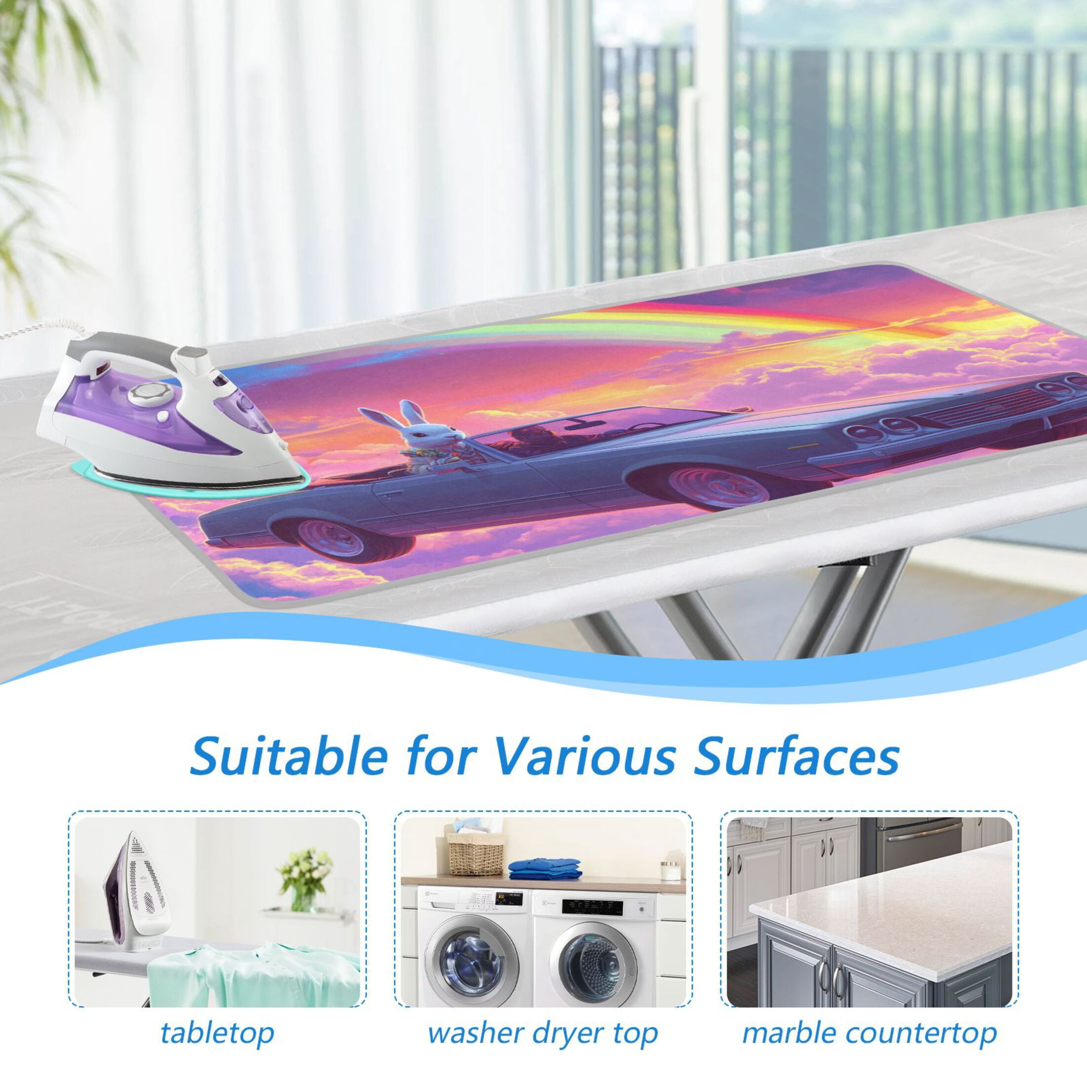 Rabbit Drive Among Clouds Rainbow Ironing Mat Blanket Portable Travel Ironing Pad Heat Resistant Pad 47.2" x 27.6”