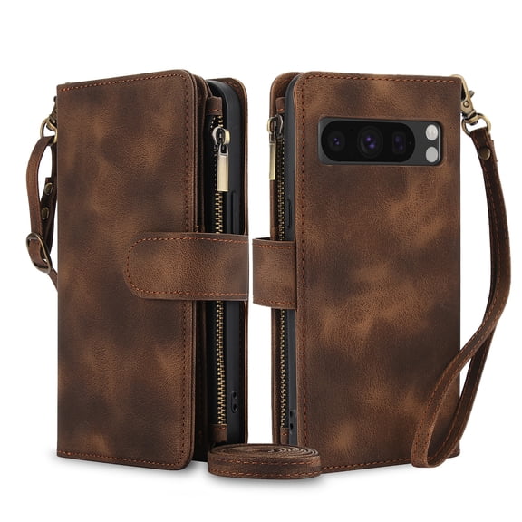 TECH CIRCLE For Google Pixel 8 Case with Card Holder,PU Leather Zipper Pocket Flip Folio Wallet Case with Crossbody Wrist Strap Kickstand Protective Case for Google Pixel 8 6.2" 2023,Brown