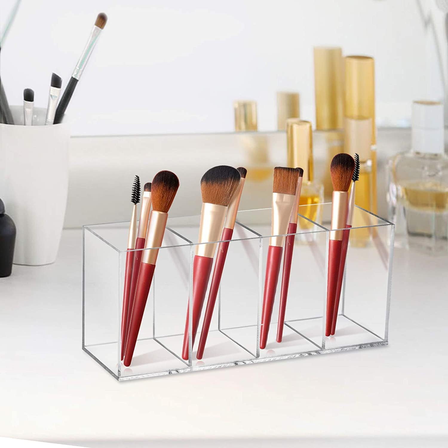 2 Pcs Acrylic Makeup Brush Holder, 4 Compartments Clear Desk Pen Pencil Holder Organizer, Stationery Accessories Drink Packets Organizer Caddy for Home Office Vanity Bathroom Kitchen