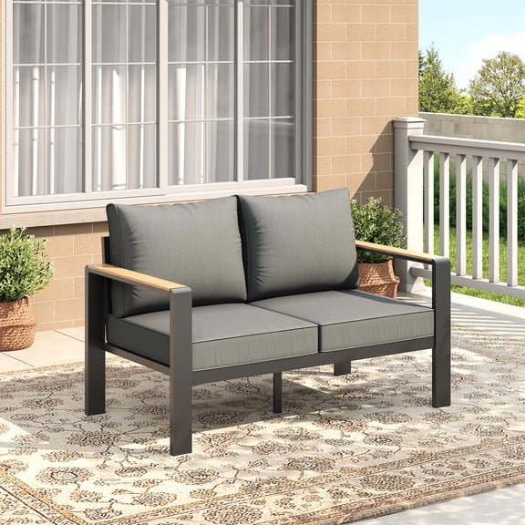 Outdoor Aluminum Loveseat Patio Sofa, All-Weather Outdoor Couch with Cushions Modern Outdoor 2 Seats Sofa for Porch, Garden, Balcony, Deck, Backyard, Dark Grey