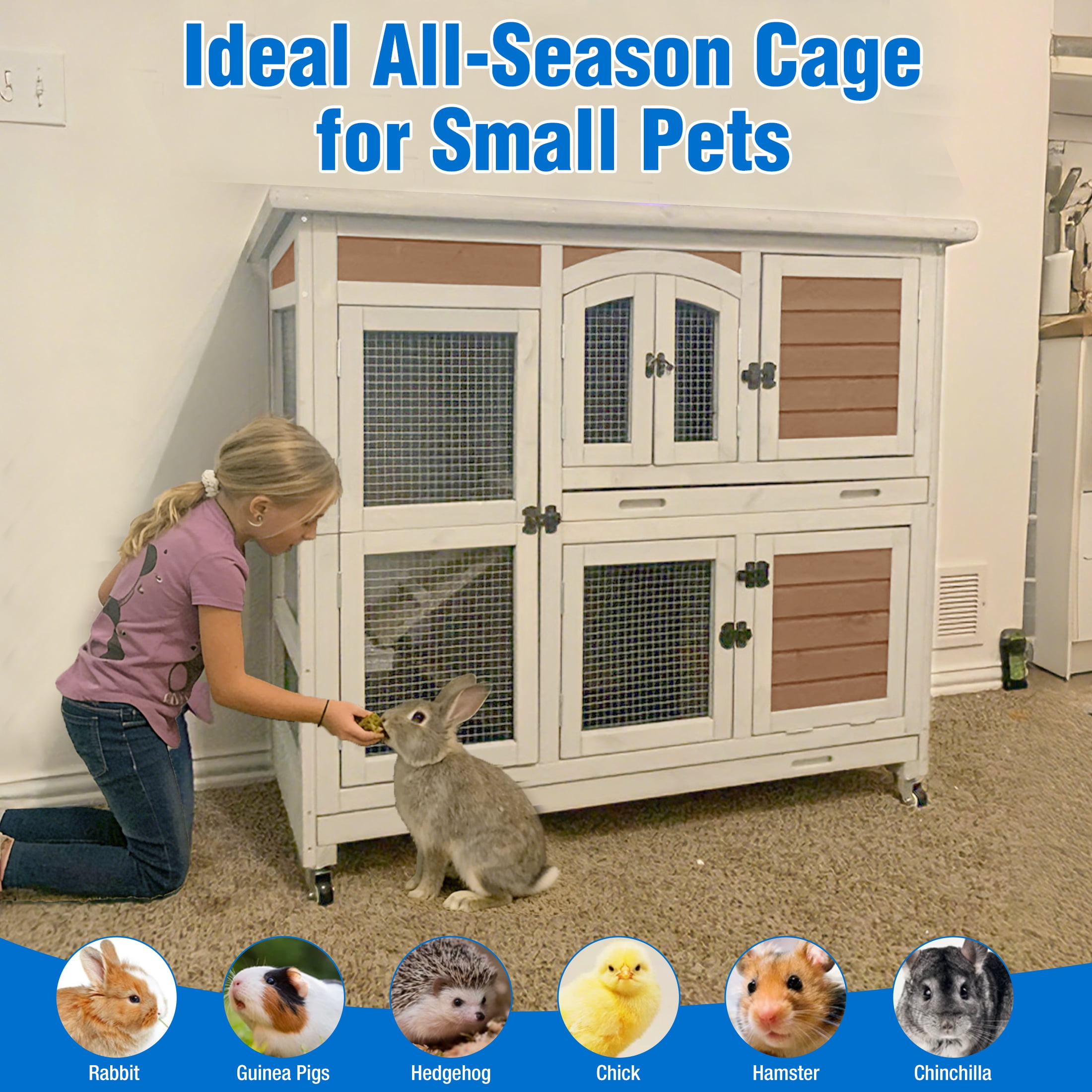 Suumerpety Rabbit Hutch Indoor Bunny House Guinea Pig Cage with Slide-Out Tray Wooden Small Animal Cage with Wheels & Ramp for Rabbits and Bunnies