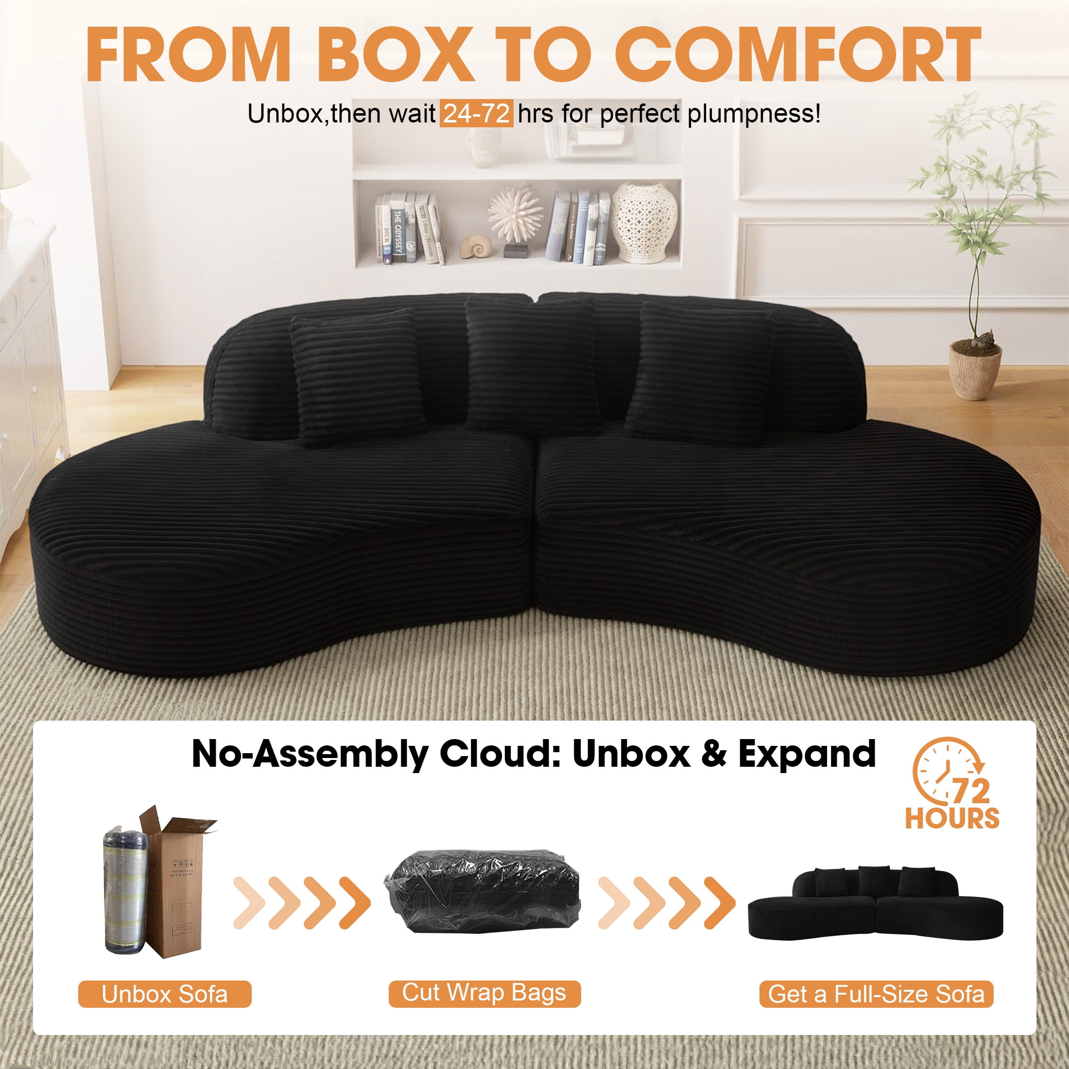 Aukfa 123.2" Oversized Cloud Sectional Sofa – Curved Upholstered Living Room Couch with 3 Pillows, No Assembly, Black