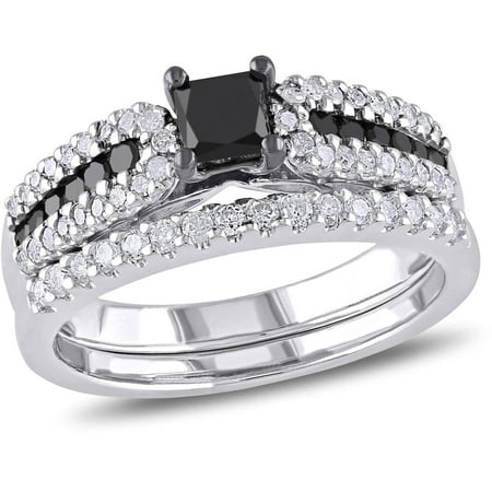 1 Carat T.W. Princess and Round-Cut Black and White Diamond Sterling Silver Bridal Set