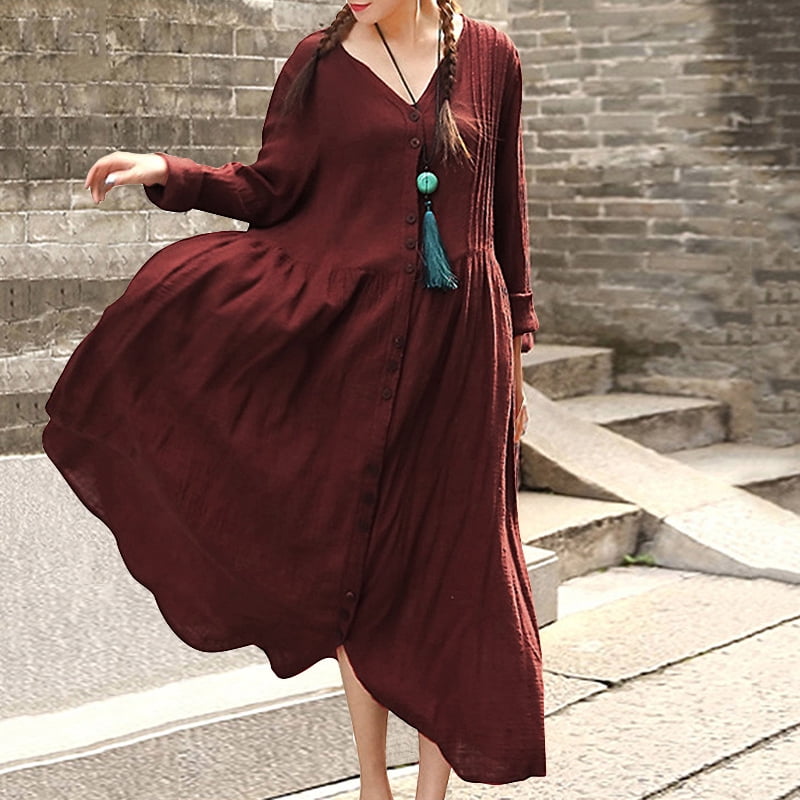 Vintage Women Casual Loose Long Dress 