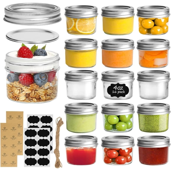 Mini Mason Jars Bulk 4oz 16PCS, Regular Mouth Mason Jar with Lids and Seal Bands, Small Glass Canning Jar for Spice, Jam, Honey, Jelly, Dessert, Shower Wedding Favors, DIY Candles Decor