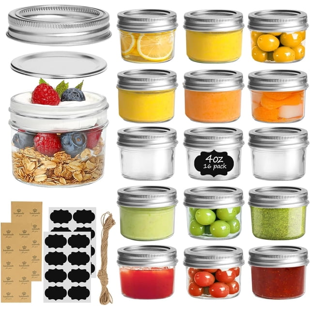 Mini Mason Jars Bulk 4oz 16PCS, Regular Mouth Mason Jar with Lids and Seal Bands, Small Glass Canning Jar for Spice, Jam, Honey, Jelly, Dessert, Shower Wedding Favors, DIY Candles Decor