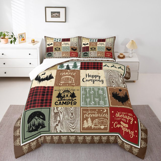 YST Kids Happy Camping Comforter Set Twin,Rustic Cabin Camper Bedding Set for Rv Bunks,Woodland Camping Quilt for Travel Trailer Room Decor,Buffalo Plaid Patchwork Comforter Set 2Pcs
