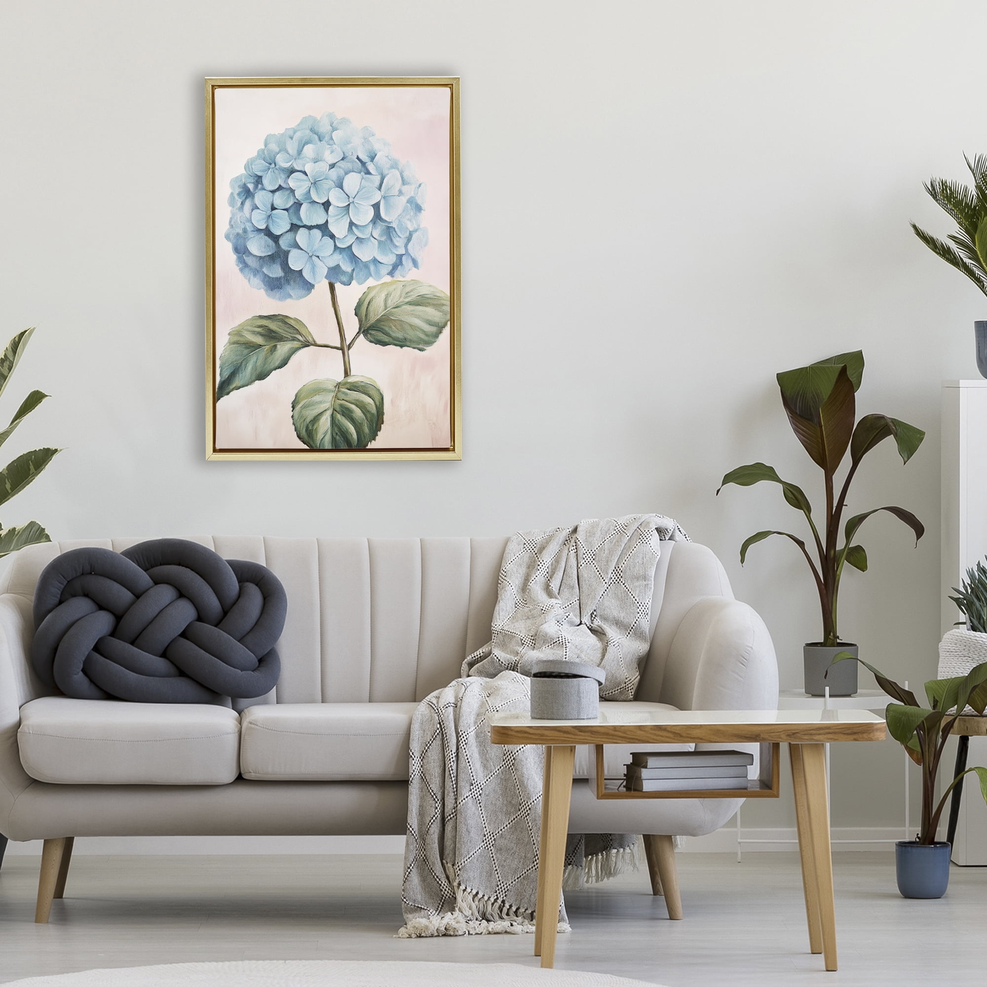 Stupell Industries Delicate Baby Blue Hydrangea Gold Framed Floater Canvas Wall Art, design by Petal Prints Design
