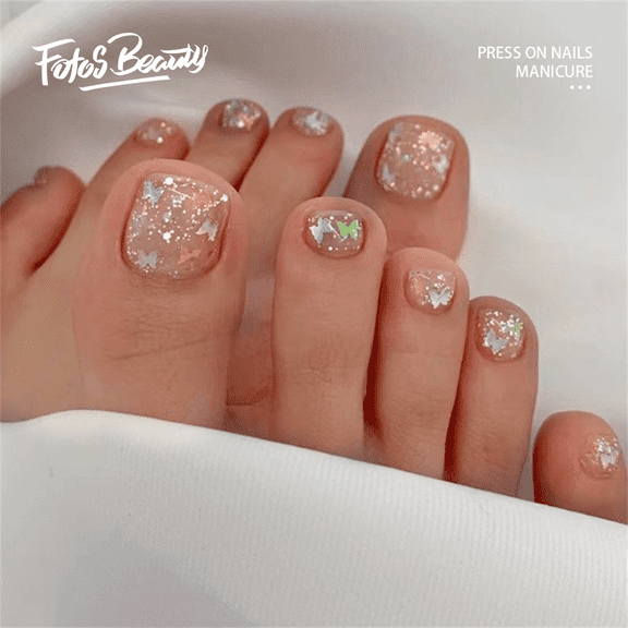 Fofosbeauty 24pcs Press on False Nails Tips, Square Fake Toe Nails, Silver Glitter Butterfly