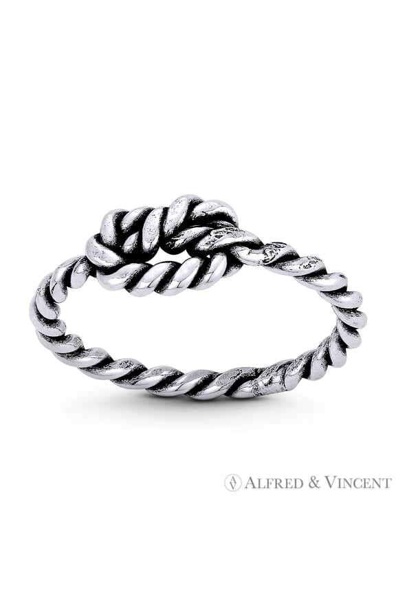 Twist-Rope Overhand Love Knot 6x8mm (1/4x1/3in) Charm Sailor's Promise Ring in Oxidized .925 Sterling Silver