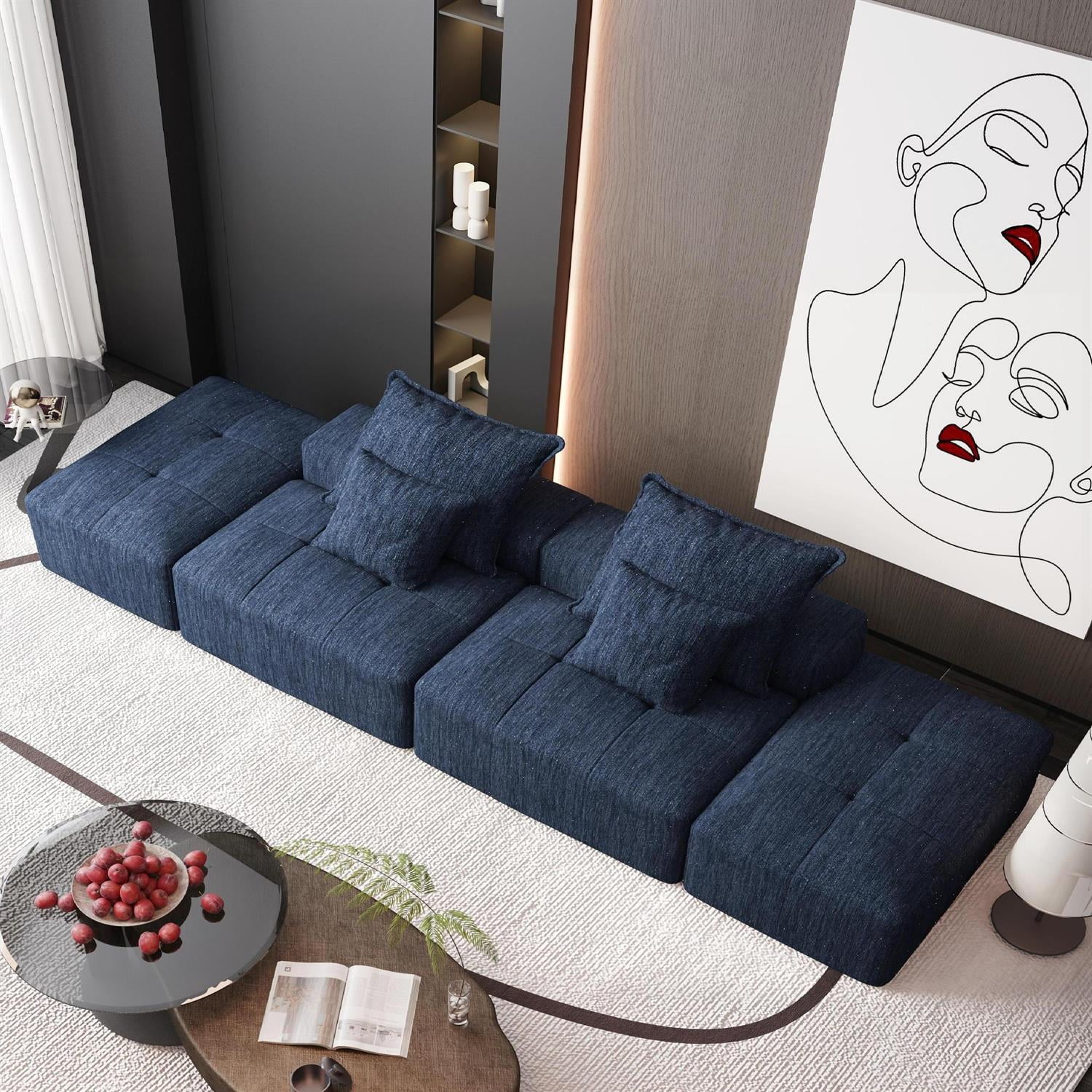 Demi Bonn 141" Modular Oversized Sectional Sofa Set with 2 Ottomans, 2-Seater, 4 Soft Pillows, Modern DIY Tufted Couch, No Assembly Required, for Living Room, Blue