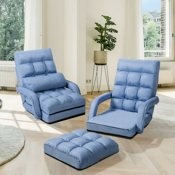 Barara King Folding Lazy Floor Chair with Armrests and Pillow, Recliner Chair Sofa with Adjustable Feature, Single Recliner for Bedroom, Living Room, Home Office, Blue