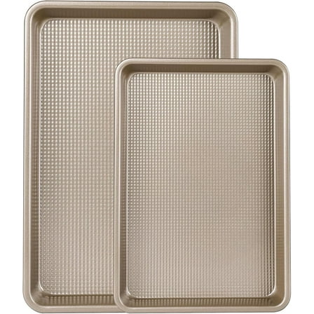 2 Piece Professional Baking Pan Set, Nonstick Bakeware Set, Heavy Duty Thick Cookie Sheets for Baking, 9x13in, 10x15in, Textured, Gold