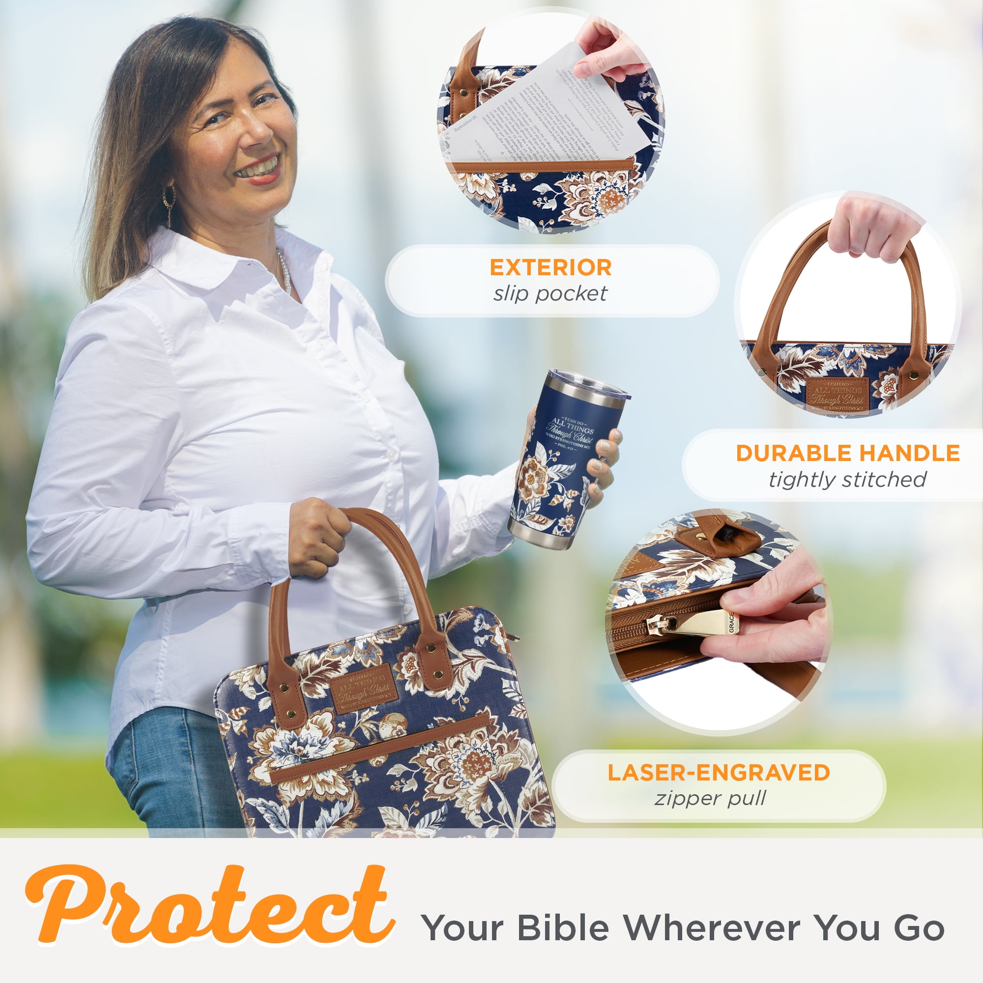 Christian Art Gifts Fashion Vegan Leather Purse Style Bible Cover Case for Women: All Things Through Christ Gold Inspirational Scripture, Pen Loops, Two Handles, Pockets, Navy & Brown Floral, Medium