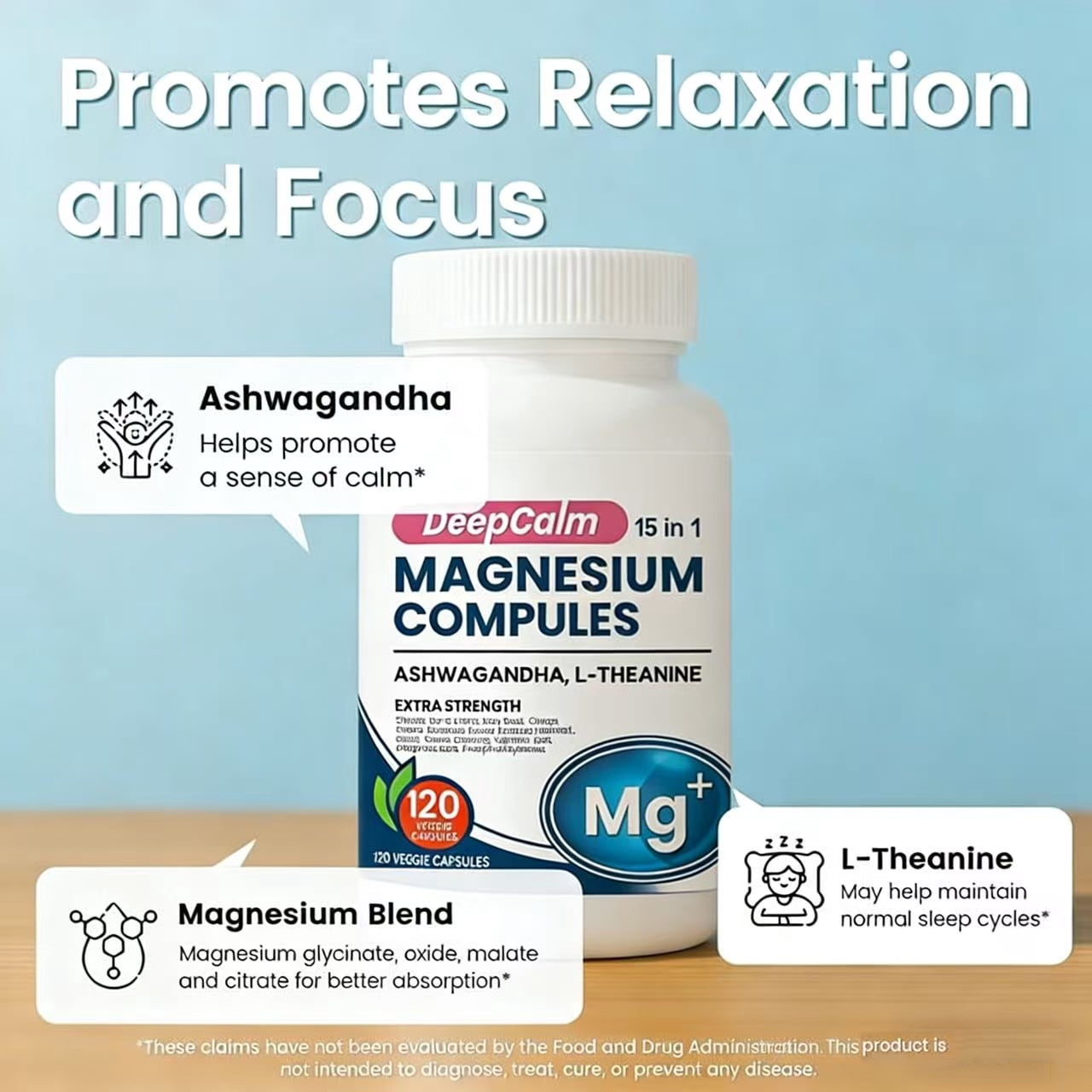 15 in 1 Magnesium Complex with Ashwagandha & L-Theanine | Extra Strength Magnesium Capsules with Vitamin D3 & Zinc | Supports Sleep, Calm Mood & Stress Relief | 120 Count