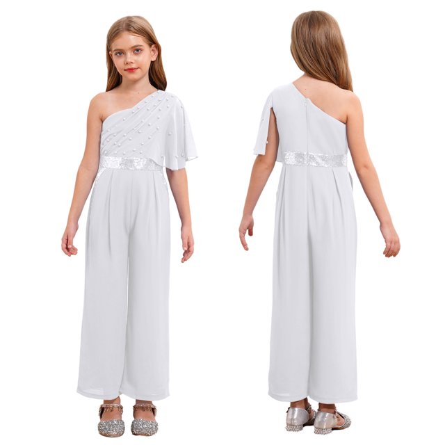 Linjinx Kids Girls Wide Leg Flared Rompers One Shoulder Ruffle Jumpsuit Wedding Pageant Gown Overalls White 12