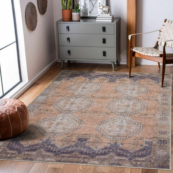 Hauteloom Carrabelle Living Room, Bedroom Machine Washable Area Rug - Traditional - Blue, Ivory, Brown - 5'3" x 7'