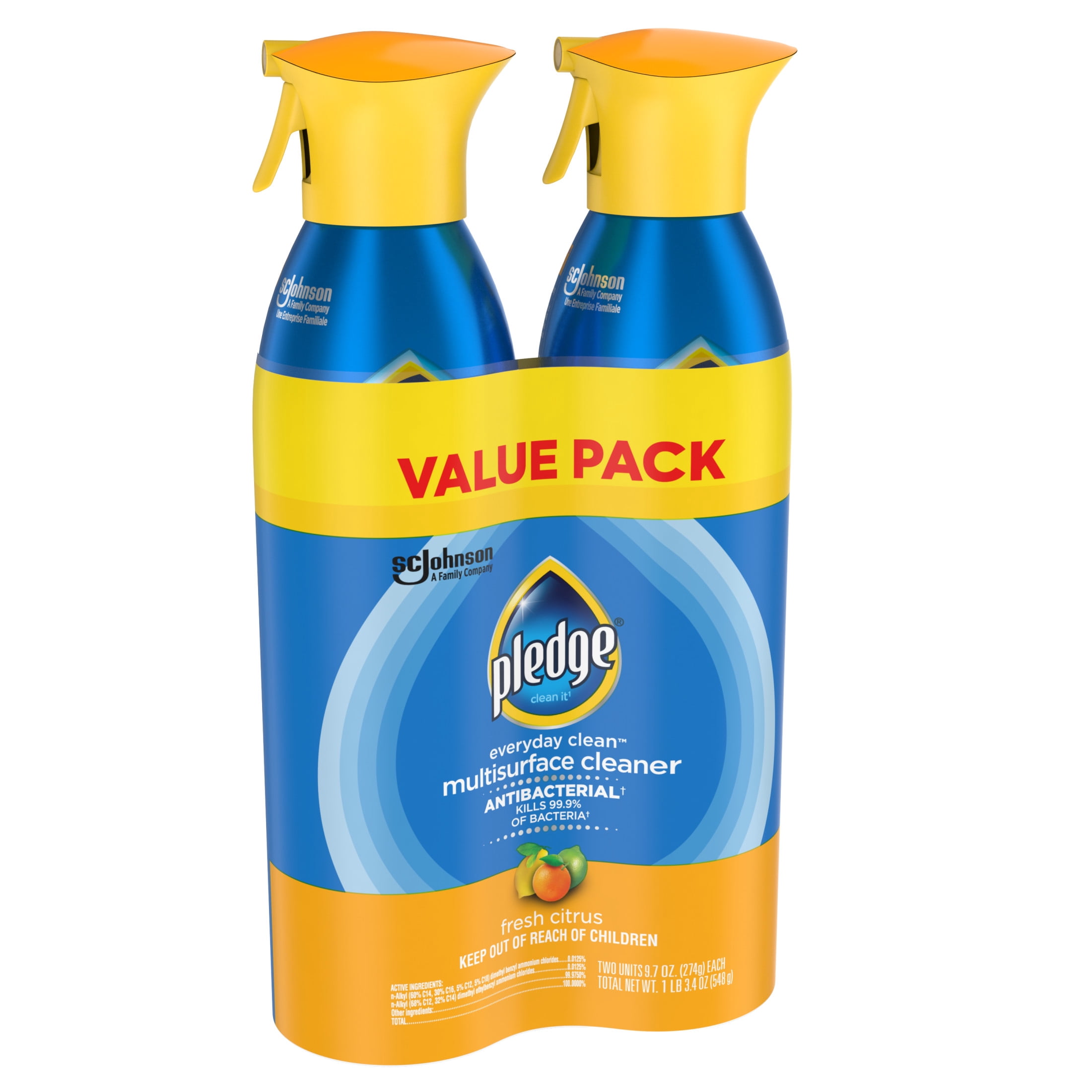 (3 pack) Pledge Antibacterial Multi Surface Cleaner Spray, Fresh Citrus - Household Antibacterial Spray (2 Pack Aerosol), 9.7 oz