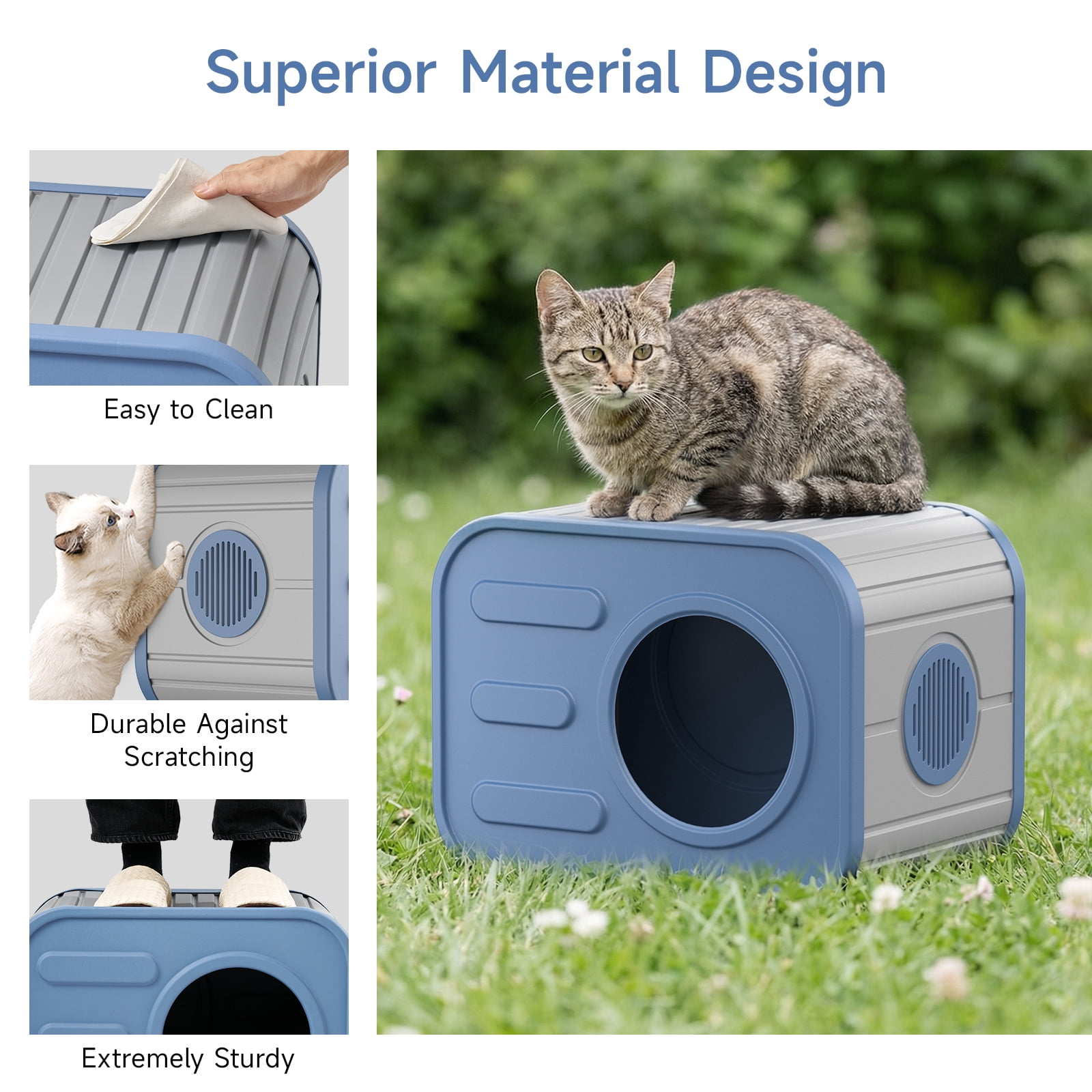 Dovov Cat House, Weatherproof Cat Shelter Camera-Shaped Cat Cage for Indoor & Outdoor Cats, Dual Ventilation Windows Cattery, Blue Gray