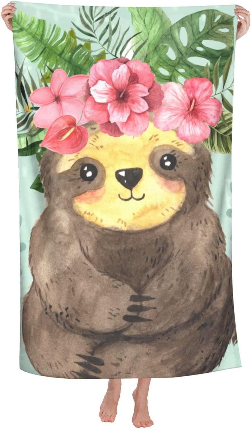 Microfiber Sloth Beach Towel Cartoon Cute Sloth Wear Wreath with Leaves