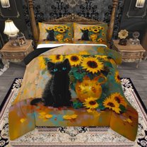 Manfei Kawaii Pet Kitten Queen Comforter Set,Rustic Flower Sunflower Bedding Sets,Retro Oil Painting Bedding Comforter Set For Girls Teens,Luxury Bedroom Decor Reversible,3pcs