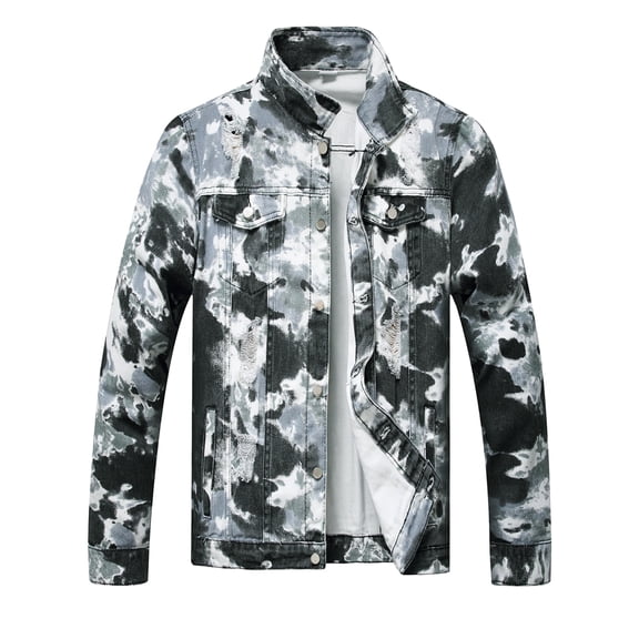 LZLER Jean Jackets for Men Ripped Color Block Denim Jacket