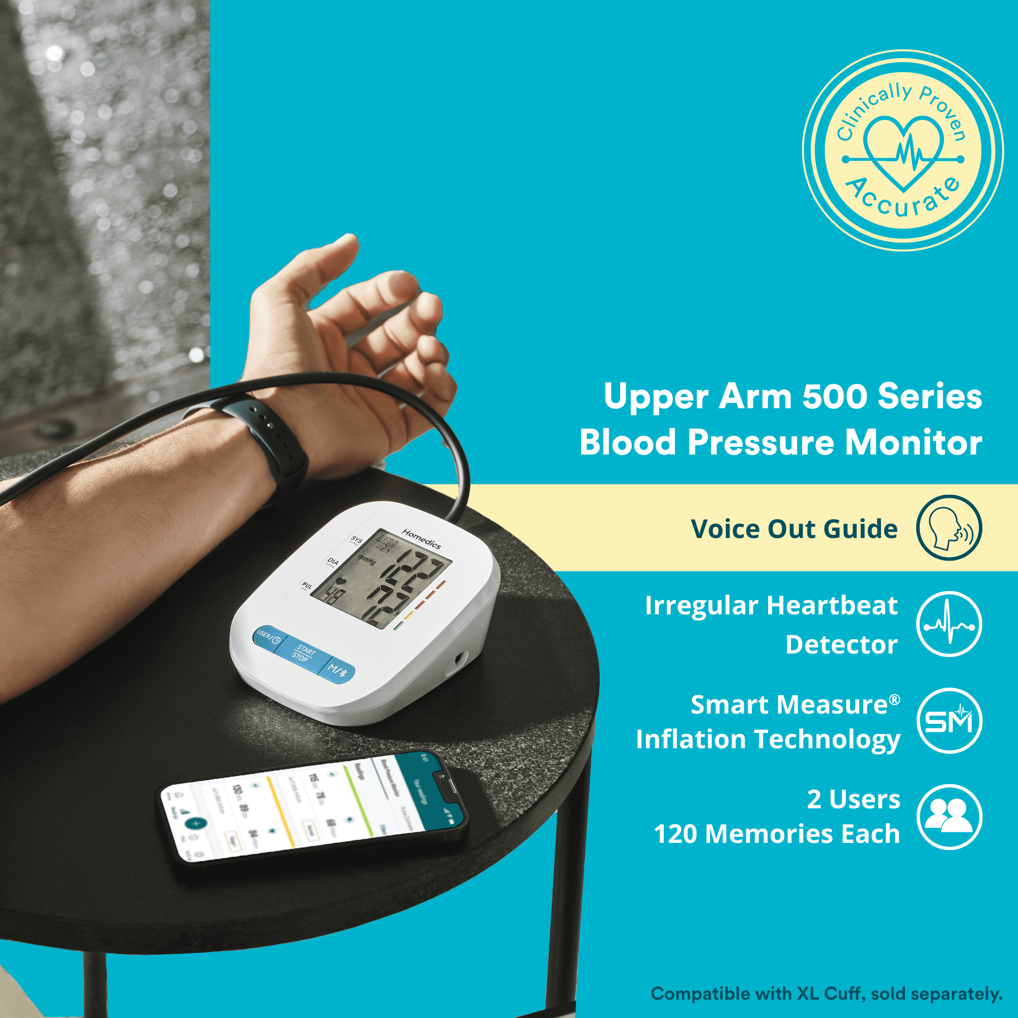 Homedics® Upper Arm 500 Series Blood Pressure Monitor, Voice Out Guide,  Easy Operation, Accurate Results, Bluetooth® wireless technology 