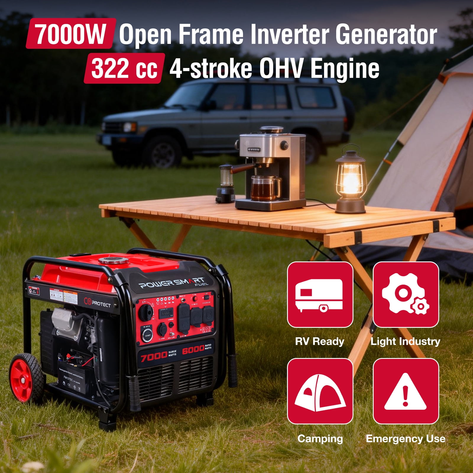 PowerSmart 7000 W RV Ready Electric Start Portable Open Frame Inverter Generator with Quiet Technology and CO Shield