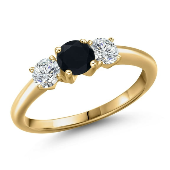 Gem Stone King 18K Yellow Gold Plated Silver Black Onyx and Lab Grown Diamond Engagement Ring for Women | 1.02 Cttw | Round 5MM | Gemstone December Birthstone | Size 9