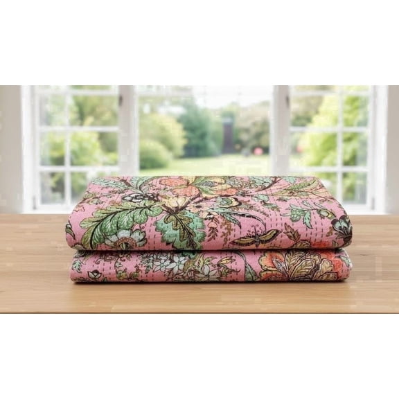 Ozark Textile Pink Multicolor Floral Indian Kantha Handmade Block 100% Cotton Coverlet