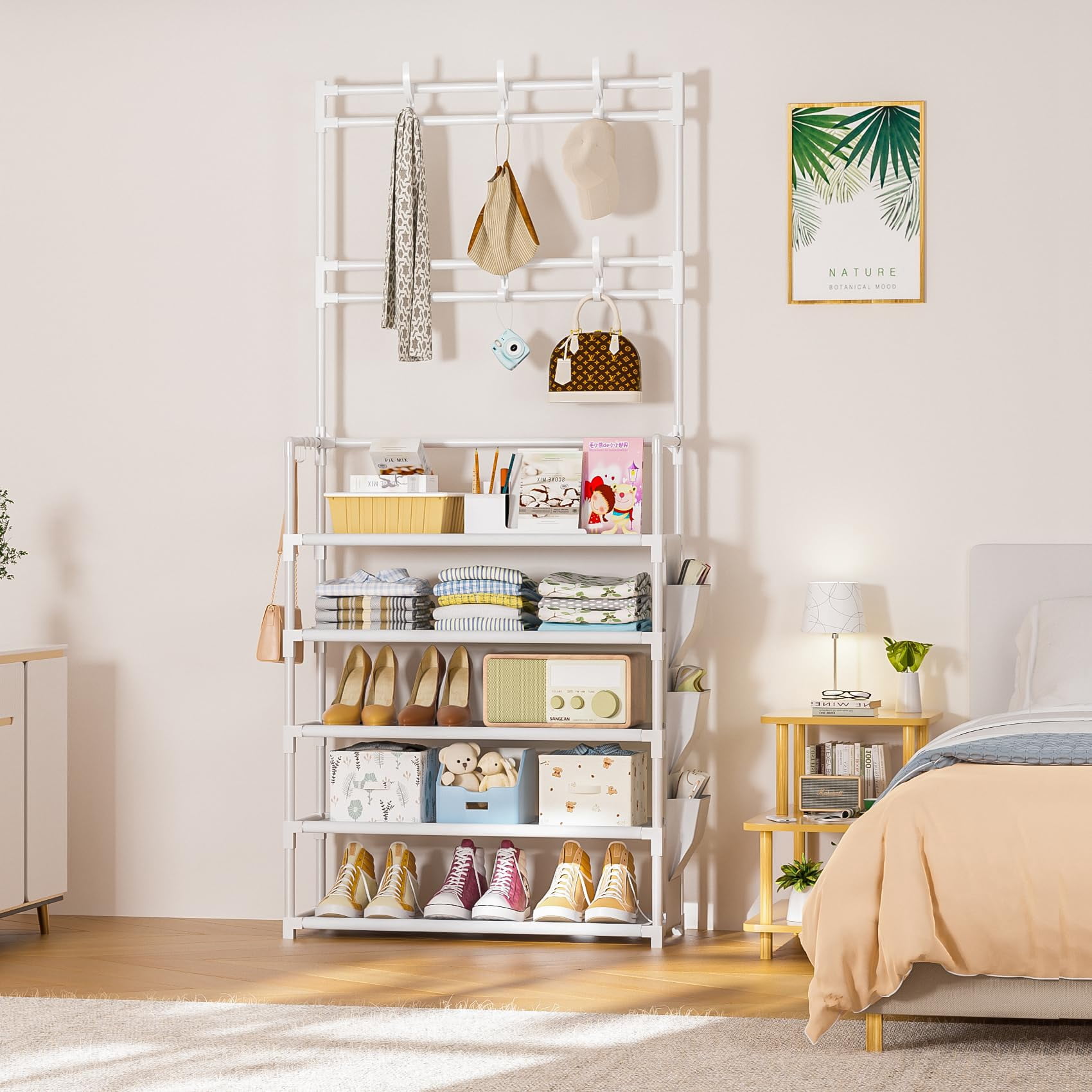 Shoe Rack 5 Tier Organizer Storage 15-20 Pairs Shoes For Closet Entrance With Hooks And Side Pocket Entryway Holder Space Saving Free Standing Racks