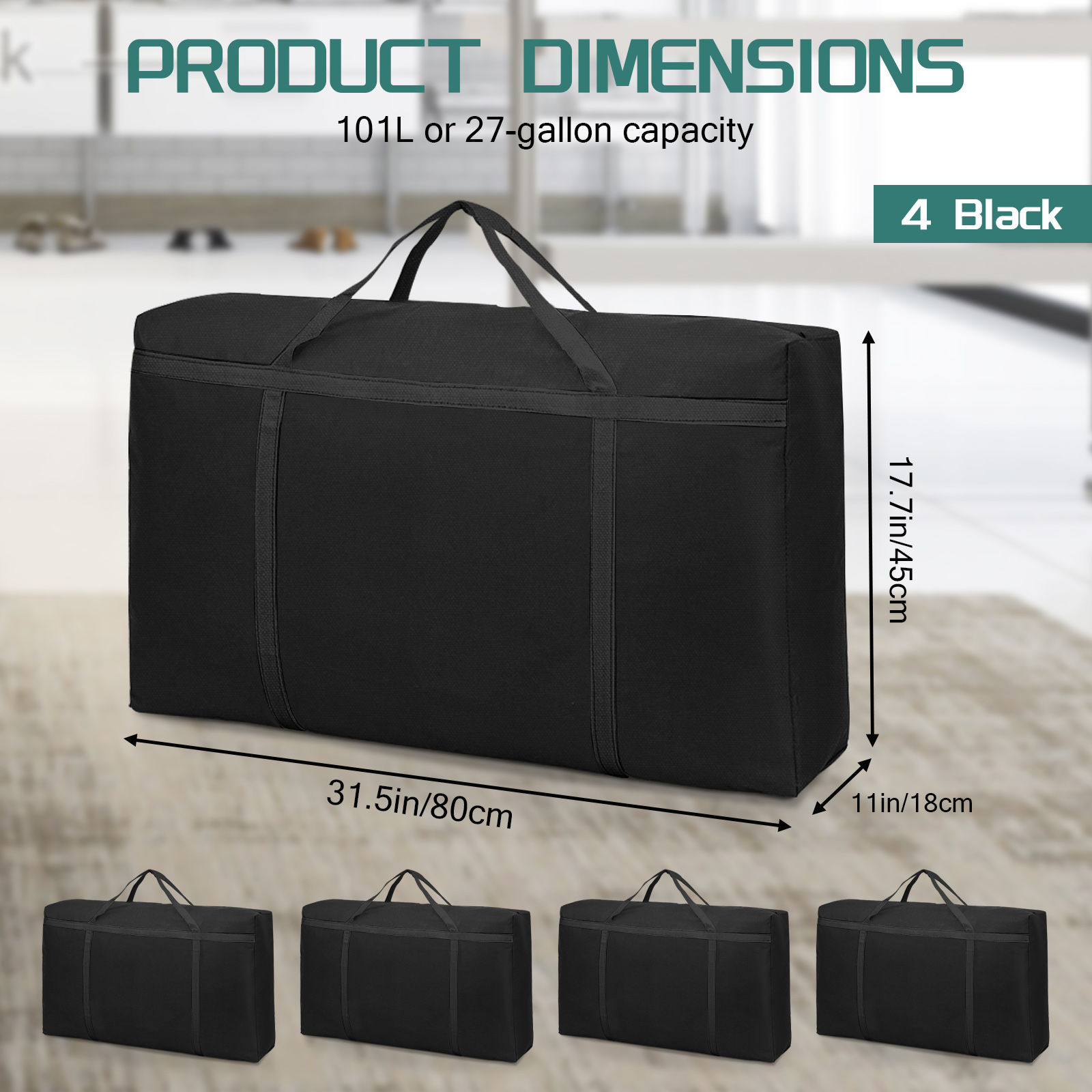 LELE LIFE 4Pcs 101L Extra Large Heavy Duty Moving Bags, Wear-Resistant Oxford Totes for Storage Bags, Moving Supplies Alternative to Packing Moving Boxes, Black