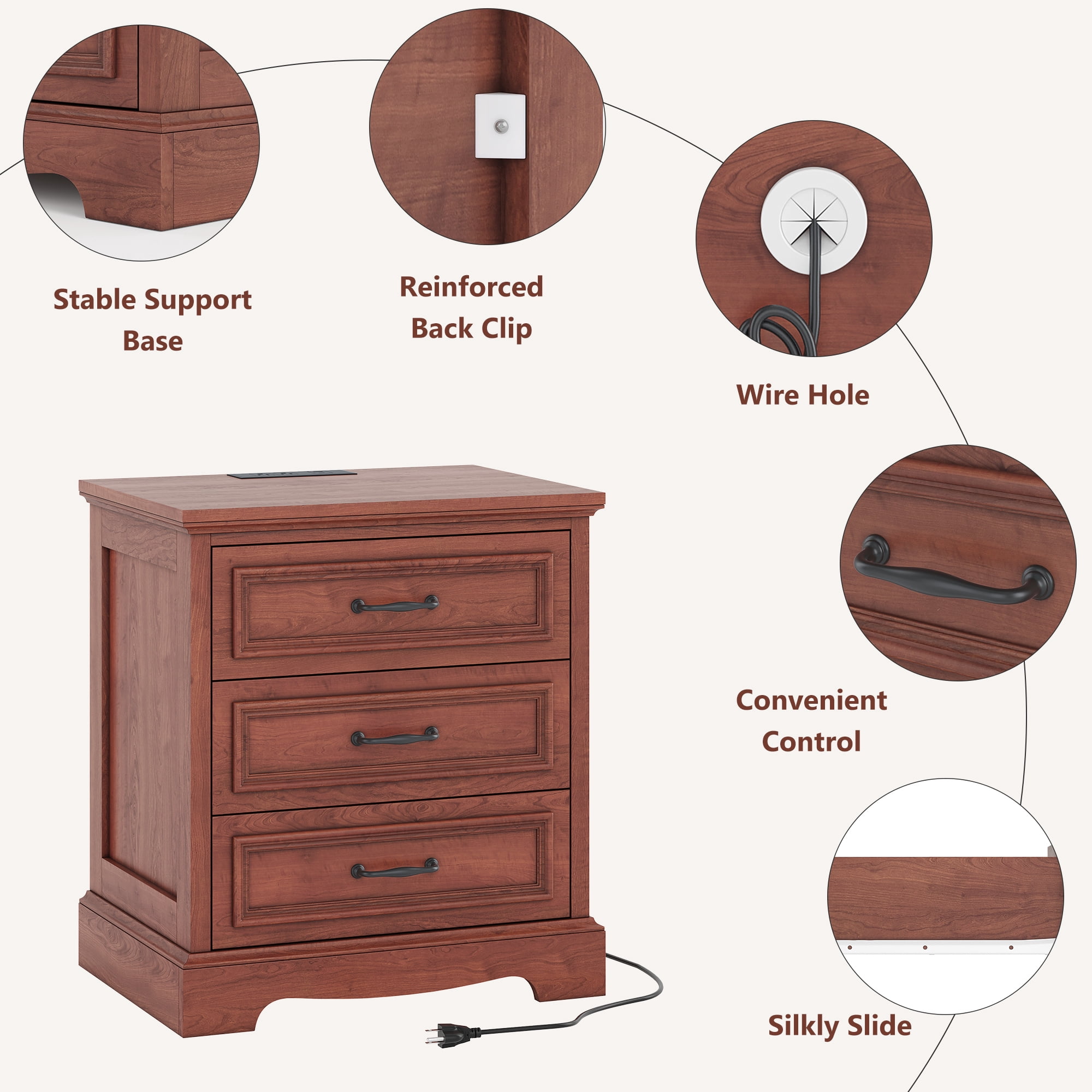 Farmhouse Nightstand with Charging Station, 3 Drawers Bedside Table for Bedroom for Adults, Cherry Brown