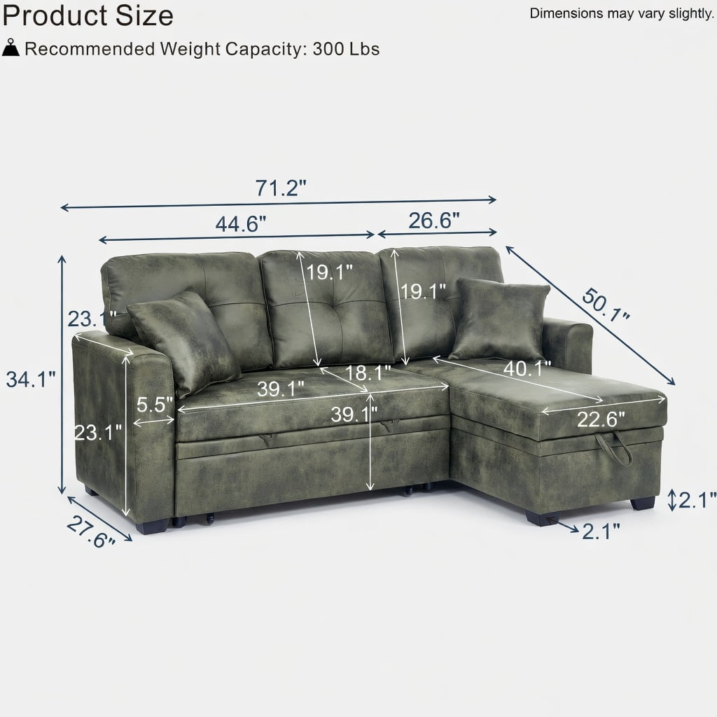 Hommoo L-Shaped Sleeper Sectional Sofa with Pull-Out Bed, Reversible Chaise & Hidden Storage, Convertible Living Room Furniture for Small Spaces, Olive Green