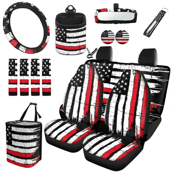 Garronmavis American Honoring Firefighter Flags Car Accessories Set Decor Car Seat Covers Steering Wheel Cover Keychain Car Trash Can Car Dash Accessories Rearview Mirror Cover Cup Mats