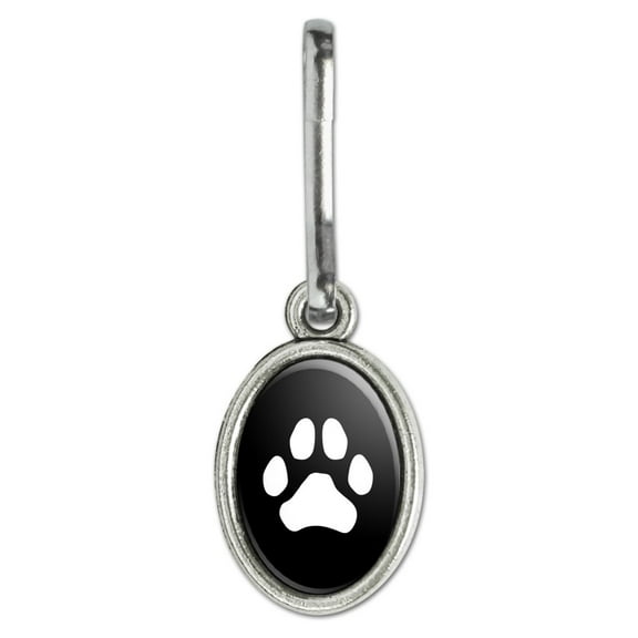 Paw Print Dog Cat White on Black Antiqued Oval Charm Clothes Purse Suitcase Backpack Zipper Pull Aid