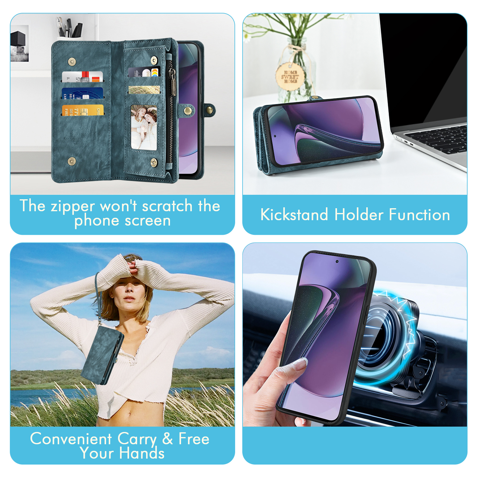 Asuwish Compatible with Motorola Moto G Power 5G 2023 Phone Case Zipper Wallet Detachable Tempered Glass Screen Protector Crossbody Lanyard Strap Flip Card Holder Cell Cover for GPower G5 Women Blue