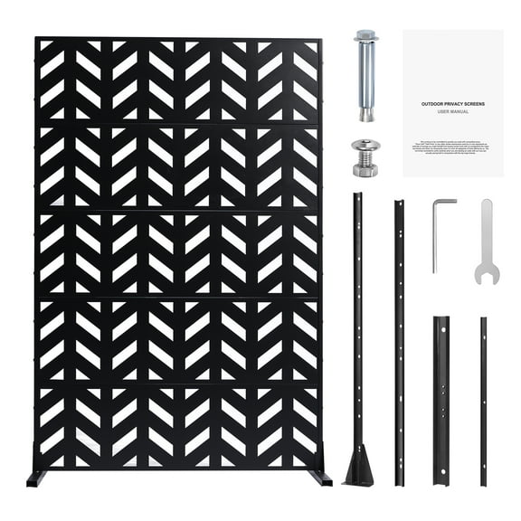 KFFKFF Metallic Seclusion Panel, Dimensions 47" W x 72" H, Trio-Panel Outdoor Privacy Shield, Self-Supporting Exterior Partition, Quintet-Panel Ornamental Garden Iron Seclusion Barrier, Black