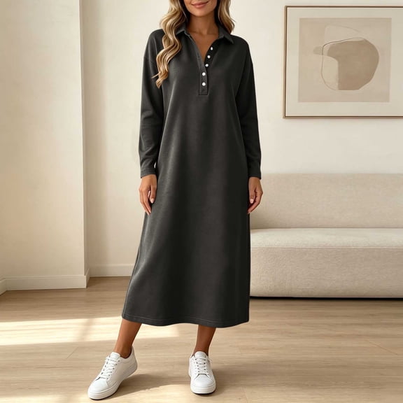 Sheghy Summer Dresses 2026 Autumn Winter Lapel Half Button Drop Shoulder Relaxed Fit Solid Shirt Dress Black S