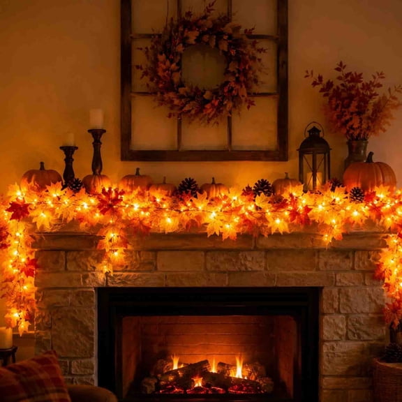 Yakvarog 6.6ft LED Fall Garland with Lights, Realistic Autumn Maple Leaves Garland Battery Operated for Thanksgiving Halloween Decor, Doorway Stair Railing, Indoor Outdoor