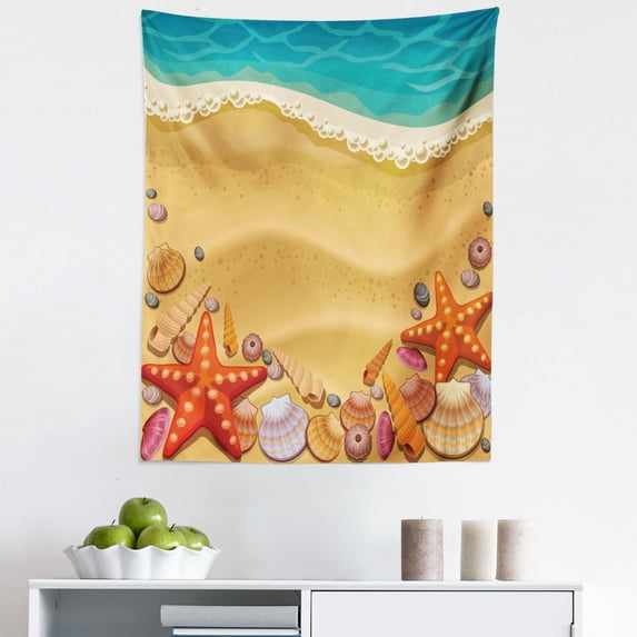 Beach Tapestry, Seashells on the Beach Style Coastal Fun Relaxation Waves Shoreline, Fabric Wall Hanging Decor for Bedroom Living Room Dorm, 5 Sizes, Sand Brown Orange Teal, by Ambesonne